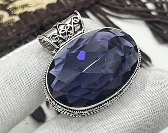 Amethyst Big Pendant 925 Sterling Silver, Handmade Purple Gemstone Necklace, Statement Jewelry Gift for Her, Unique Silver Pendant Gift