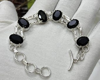 Black Onyx Bracelet 925 Sterling Silver, Oval Cut Gemstone Link Bracelet Handmade Statement Jewelry Gift for Her Adjustable Silver Bracelet