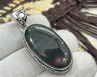 Natural Bloodstone Jasper Pendant | Green Healing Crystal Necklace | 925 Sterling Silver Oval Gemstone Pendant | Handmade jewelry for love