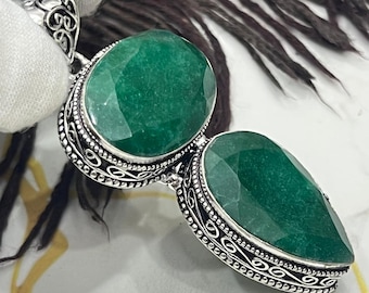 Emerald Double Stone Pendant 925 Sterling Silver, Oval Pear Cut Green Gemstone Necklace Handmade Statement Jewelry Gift for Her