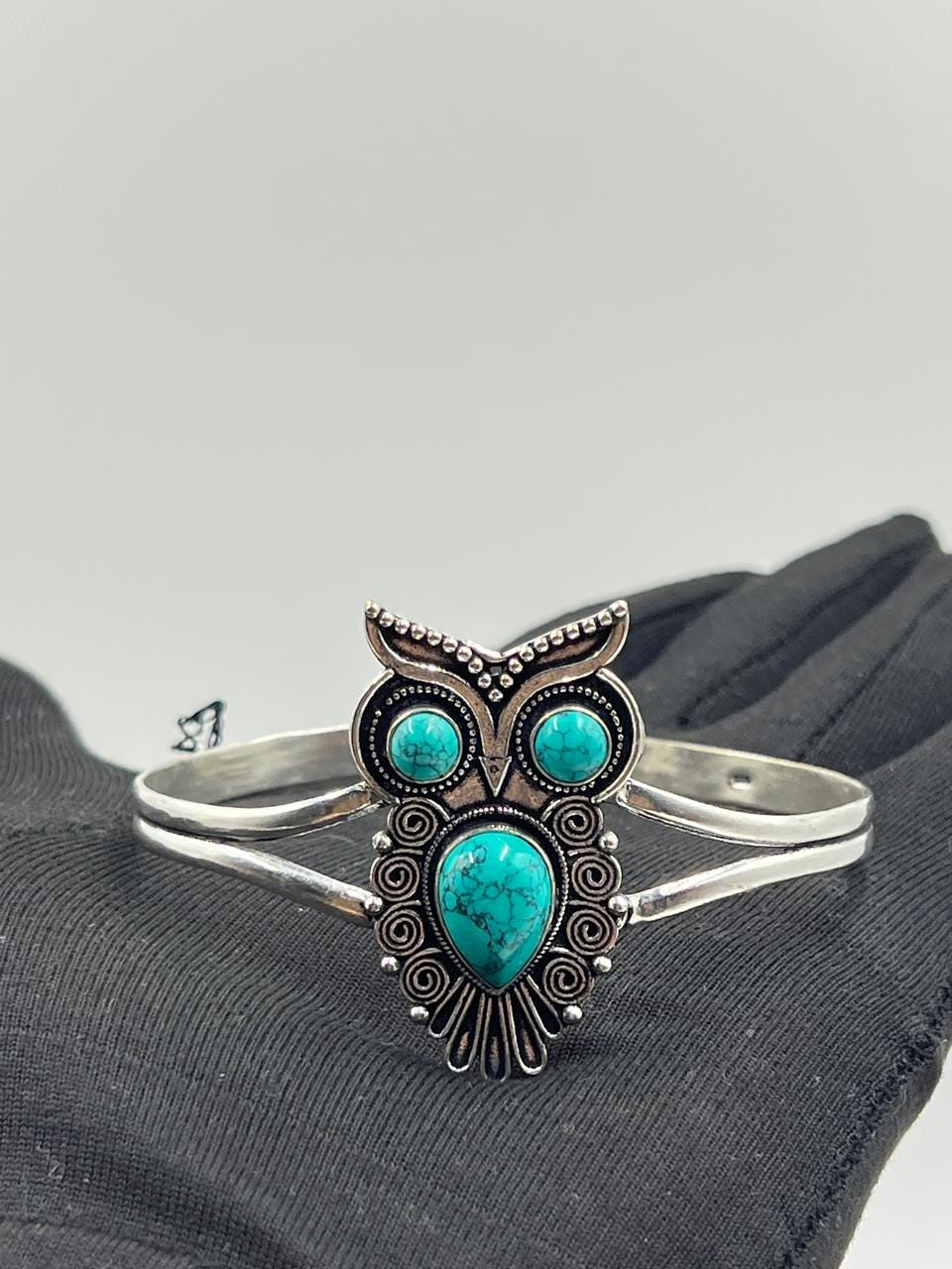 Turquoise Owl Bangle 925 Sterling Silver, Handmade Cuff Bracelet, Blue Gemstone Boho Jewelry, Vintag