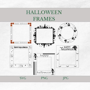 May include: Five different Halloween themed frames with white space for text or images. The frames feature pumpkins, ghosts, bats, spiders, and a spooky cityscape.