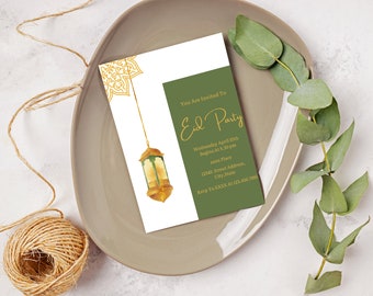 May include: A green and gold invitation card for an Eid party. The card features a gold lantern with a green and white design. The text on the card reads "You Are Invited To Eid Party" and includes the date, time, and location of the party.