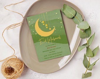 May include: Green invitation card with a gold crescent moon and stars. The text reads "Eid Mubarak" and includes details for an Eid Dinner.