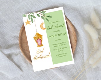 May include: A green and white invitation card with a watercolor illustration of a crescent moon, stars, and a lantern. The text reads "You are invited to Eid Lunch Hosted by JAVED & NAFISA xxxx Place Wednesday April 10th Begins At 5:30 pm 12345 Street Address, City State Rsvp To XXXX At 123.456.7891"