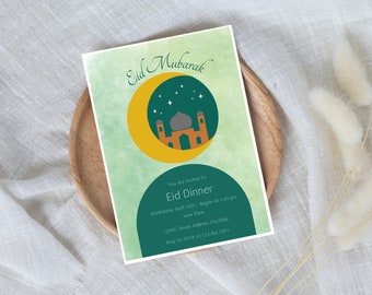 May include: An invitation to an Eid Dinner on Wednesday, April 10th at 5:30 pm. The invitation features a green and yellow illustration of a mosque with a crescent moon and stars. The text "Eid Mubarak" is at the top of the invitation.