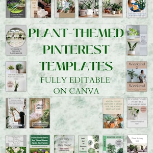 May include: A collection of 16 Pinterest templates for plant-themed content. The templates are fully editable on Canva and feature various plant-related topics, such as how to repot plants, plant care tips, and the benefits of indoor plants. The templates are designed with a green and white color scheme and feature images of plants and gardening tools.
