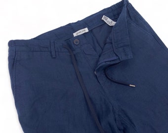 Pantalones casuales de lino azul para hombre con cintura elástica, pantalones de lino orgánico para hombre, pantalones de lino para hombre de verano