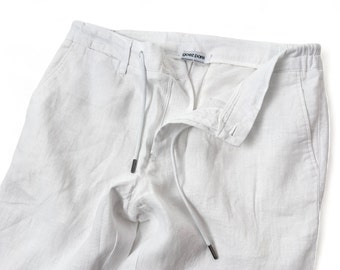 Men's Casual White Linen Pants with Elastic Waist, Organic Linen Trousers for Men, Summer Mens Linen Pants