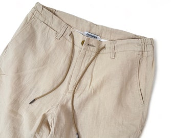 Pantalones casuales de lino crema para hombre con cintura elástica, pantalones de lino orgánico para hombre, pantalones de verano %100 lino