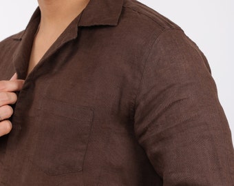 Klassisches Langarm Braunes Leinenhemd | GOEZ PARIS Lässiges, einfarbiges 100% Bio-Leinenhemd mit Knöpfen und Tasche