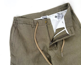 Lässige Khaki Leinenhose mit elastischer Taille, Bio Leinenhose für Männer, Sommer Herren Leinenhose, Kordelzug Strandhose