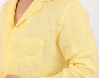 Klassisches, langärmliges Herren-Leinenhemd mit entspannter Passform in Gelb | Freizeithemd aus 100 % Bio-Leinen mit Knöpfen und Tasche