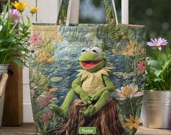 Personalized Kermit the Frog Quilted Tote Bag, Custom Muppets Shoulder Bag, Frog Lover Gift, Aesthetic Nature Quilted Tote Bag ID-0610-RYBB