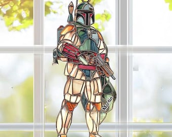 Personalized Boba Fett Suncatcher, Custom Name Star Wars Bounty Hunter Stained Glass Style Window Art, Sci-Fi Movie Fan Gift ID-0202-VON7