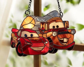 Personalized Cars Movie Suncatcher, Lightning McQueen and Mater Window Hanging, Disney Pixar Gift, Room Decor, Racing Car Art ID-1224-RGWW