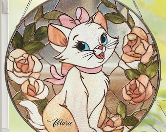 Atrapasueños personalizado de la gata Marie, colgante para ventana de Los Aristogatos, decoración de gato con lazo rosa, regalo para niña, adorable atrapasol de gatito ID-0112-BNXS