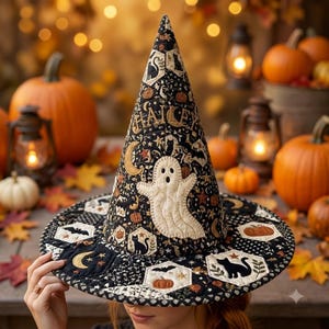 May include: A quilted fabric witch hat featuring a black background with a repeating pattern of ghosts, pumpkins, crescent moons, stars, and black cats. The name HAILEY is embroidered in gold thread on the front. The hat has a wide, flat brim.