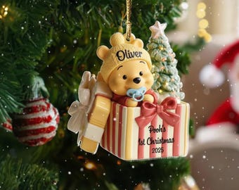 Custom Pooh Baby’s First Christmas Ornament, Personalized Disney Christmas Acrylic Keepsake, Disney Baby Gift, New Baby Gift UVN-94