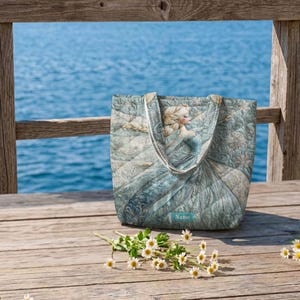 May include: A quilted tote bag featuring a light blue and white illustration of a blonde character in a gown with snowflake patterns. The bag has two fabric handles and a small rectangular label at the bottom center with the word Name printed.