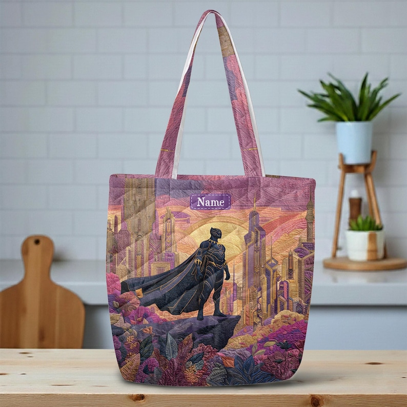 Personalized Black Panther Quilted Tote Bag, Black Panther Shoulder Bag, Custom Name Hero Tote, Magical Disney Gift for Her ID-0610-IFV2 image 1