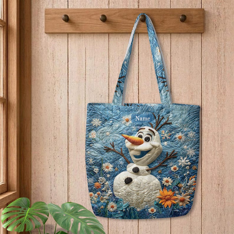 Personalized Olaf Frozen Quilted Tote Bag, Disney Snowman Shoulder Bag, Custom Name Winter Tote, Cute Movie Gift for Her ID-0610-GHEA image 4