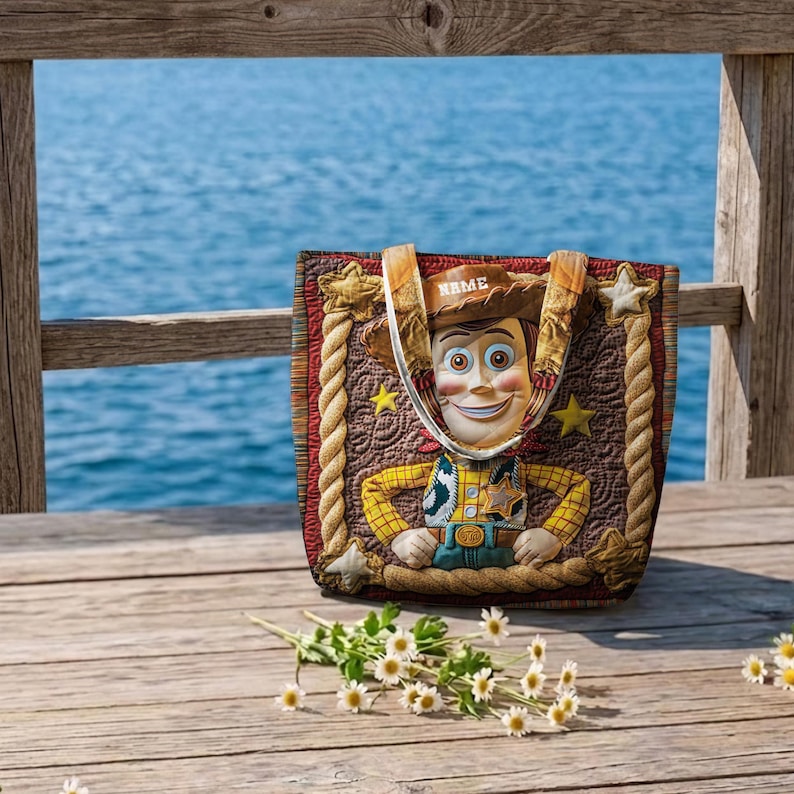 May include: A quilted tote bag featuring a graphic of a cowboy character wearing a brown hat with the word NAME printed on the brim. The bag has a rope-style border, yellow stars, and a brown background with a stitched pattern throughout.