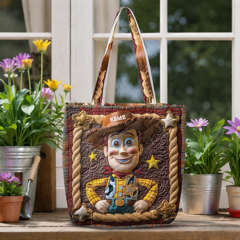 Personalized Woody Quilted Tote Bag, Disney Toy Story Shoulder Bag, Custom Name Travel Tote, Cowboy Gift for Pixar Fan ID-0610-16ZE image 1