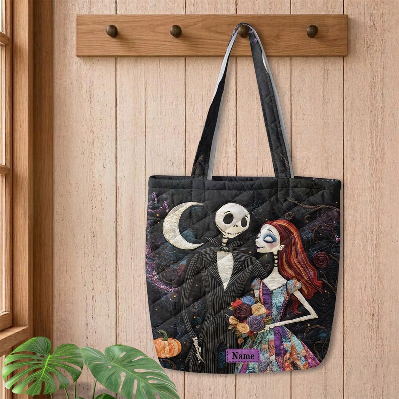 Jack & Sally Quilted Tote Bag, Nightmare Before Christmas Tote, Custom Name Goth Gift, Romantic Halloween Bag ID-0610-73AP image 5