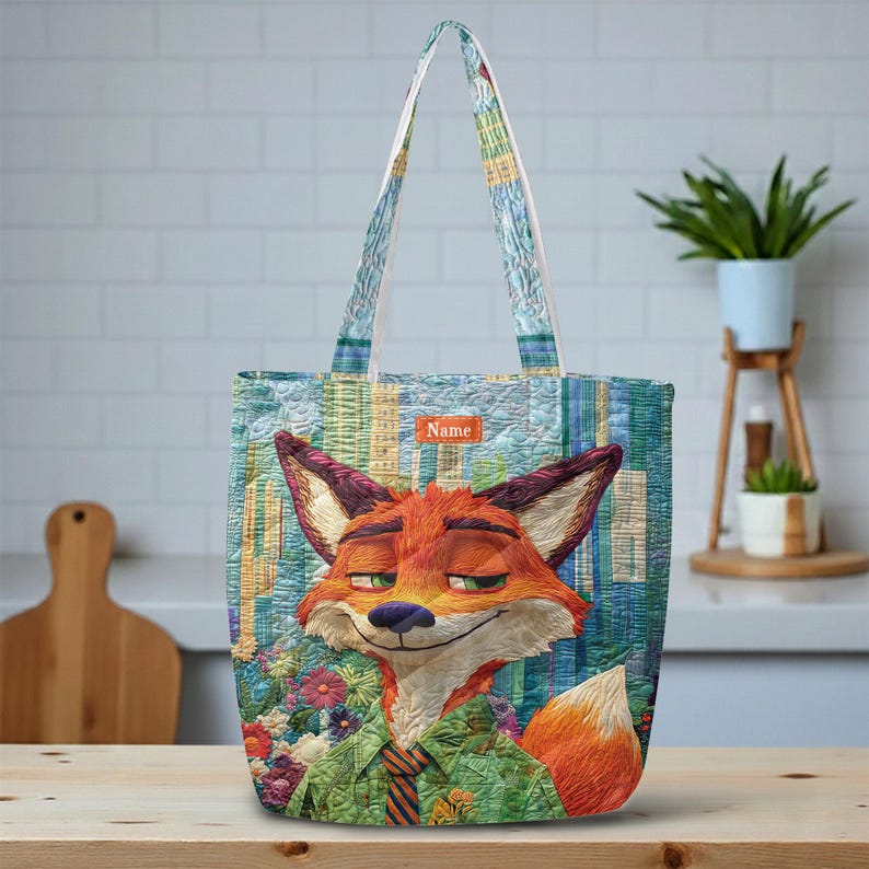 May include: A quilted tote bag featuring a colorful illustration of a fox character wearing a green patterned shirt and a striped tie. The bag has two shoulder straps and a small rectangular patch near the top center with the word Name printed.