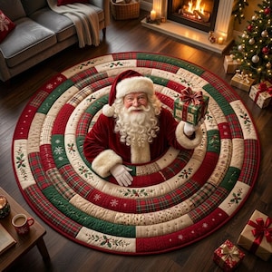 May include: A circular Christmas tree skirt featuring a patchwork design of red, green, and cream fabric segments with patterns of plaid, holly, and snowflakes. Santa Claus is positioned in the center, wearing a red suit and holding a gift box.