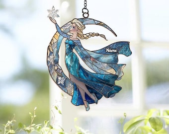 Elsa Frozen Stained Glass Suncatcher, Snow Queen Window Hanging, Personalized Frozen Fan Gift, Winter Wonderland Decor ID-1224-YEUG