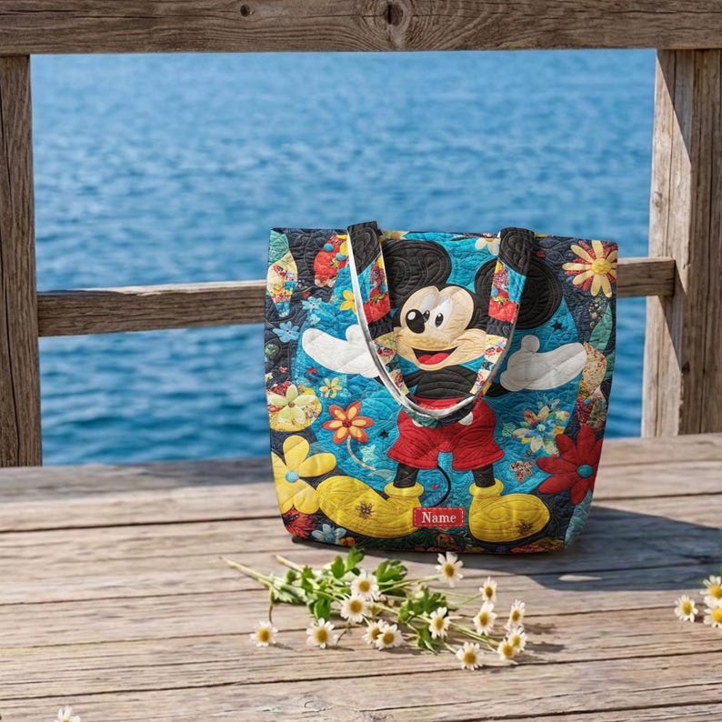 Personalized Mickey Mouse Quilted Tote Bag, Classic Disney Shoulder Bag, Custom Name Floral Tote, Magical Gift for Women ID-0610-T0CT image 2