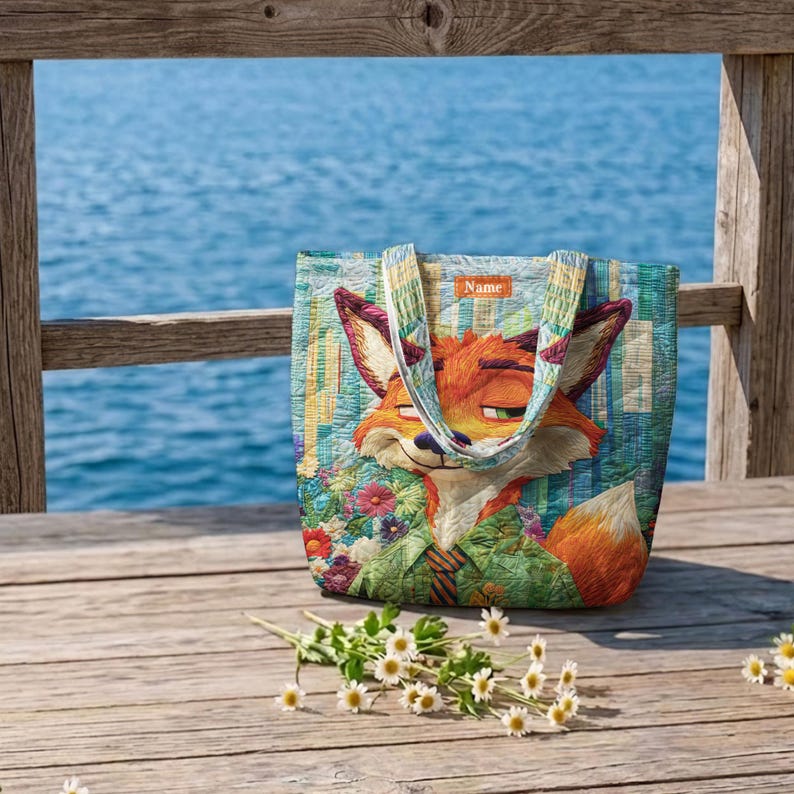 May include: A quilted tote bag featuring a colorful illustration of a fox character wearing a green shirt and tie, surrounded by flowers. The bag has two shoulder straps and a small rectangular patch at the top center with the word Name printed on it.