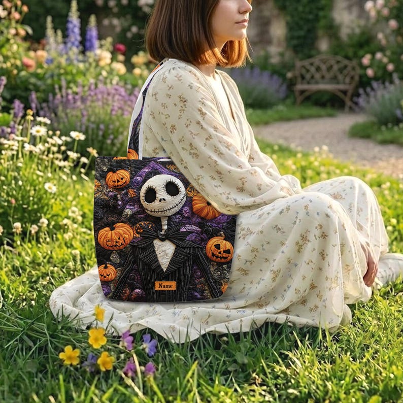 May include: A tote bag featuring a graphic of a skeletal character in a pinstriped suit with a bow tie, surrounded by orange jack-o'-lanterns against a dark purple background. A rectangular label with the text Name is visible on the lower front.