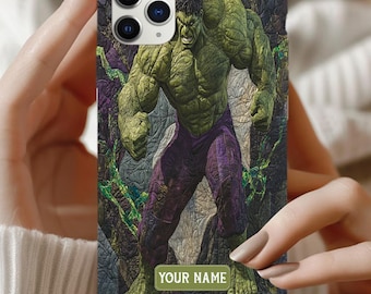Personalized The Incredible Hulk iPhone Case, Marvel Green Hero Quilted Phone Cover, Custom Name Smash Gift, Superhero Case ID-0610-CKXT