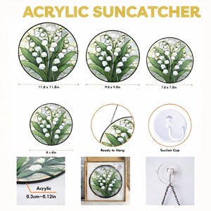 May include: Acrylic suncatchers featuring a lily of the valley design. The image shows various sizes, including 11.8 x 11.8 inches, 9.8 x 9.9 inches, 7.8 x 7.8 inches, and 6 x 6 inches. The suncatchers are ready to hang and come with a suction cup.