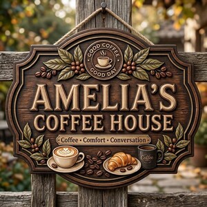 May include: A dark wood sign with carved lettering reading AMELIA'S COFFEE HOUSE, Coffee Comfort Conversation, and GOOD COFFEE GOOD DAY. It features relief carvings of coffee beans, leaves, a cup of latte art, a croissant, and a coffee mug.