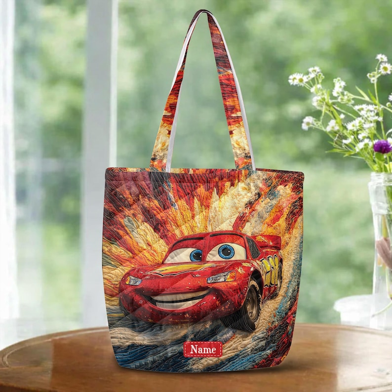 Personalized Lightning McQueen Quilted Tote, Disney Cars Shoulder Bag, Custom Name Racing Tote, Fast Movie Gift for Kids ID-0610-UMBN image 1