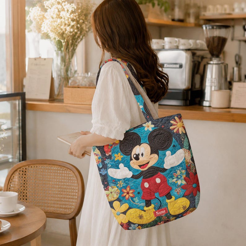 Personalized Mickey Mouse Quilted Tote Bag, Classic Disney Shoulder Bag, Custom Name Floral Tote, Magical Gift for Women ID-0610-T0CT image 4