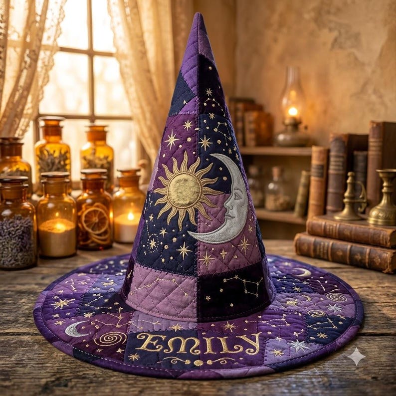 Puede incluir: Un sombrero de bruja acolchado en tonos morados y azul oscuro, con motivos bordados de sol dorado y luna plateada, patrones de estrellas y constelaciones. El ala muestra el nombre Emily en bordado dorado con textura de rombos.