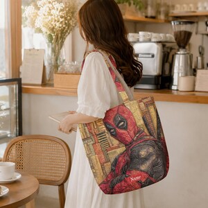 Personalized Deadpool Quilted Tote Bag, Marvel Superhero Shoulder Bag, Custom Name Travel Tote, Funny Comic Fan Gift for Him ID-0610-FC3O Bild 4