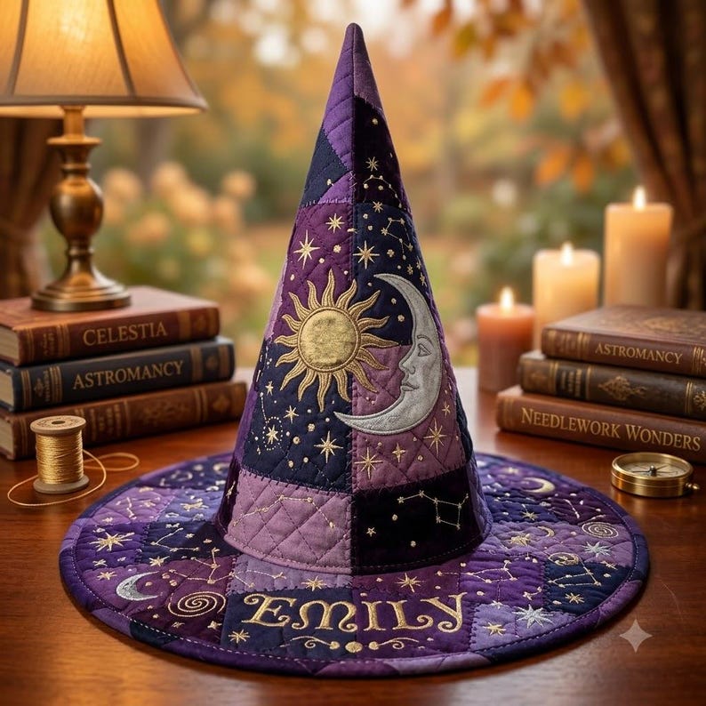 Puede incluir: Un sombrero de bruja acolchado de color morado con motivos bordados de un sol dorado y una luna plateada, patrones de estrellas celestiales y el nombre Emily bordado en hilo dorado en el ala. La tela muestra un dise&ntilde;o de patchwork en tonos violetas.