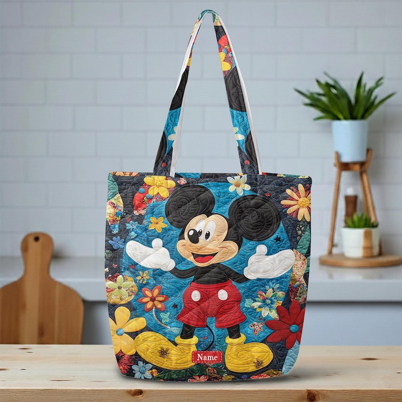 Personalized Mickey Mouse Quilted Tote Bag, Classic Disney Shoulder Bag, Custom Name Floral Tote, Magical Gift for Women ID-0610-T0CT image 1