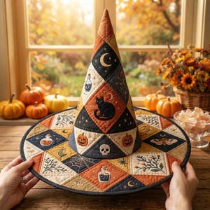 May include: A quilted witch hat featuring a diamond-patterned design in shades of orange, black, and cream. The fabric is decorated with embroidered motifs including a black cat, a skull, pumpkins, potion bottles, moons, and spider webs.