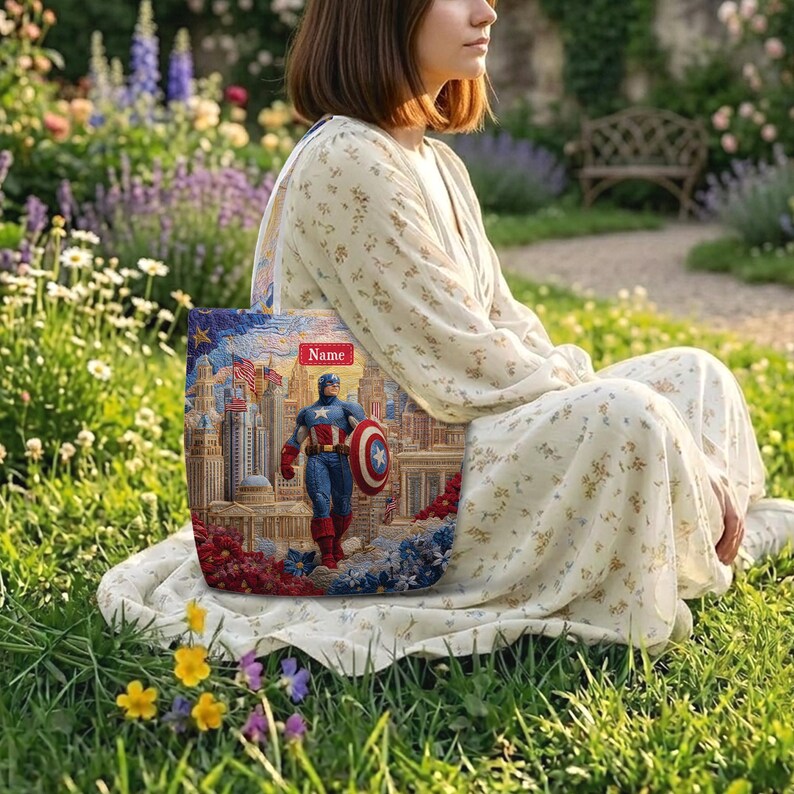 May include: A rectangular tote bag featuring a graphic print of Captain America standing in front of a city skyline with an American flag. The bag includes a red rectangular label with the word Name printed in white text and two shoulder straps.