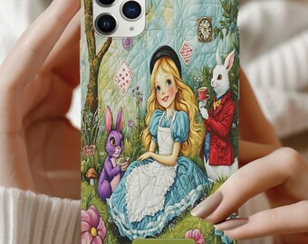 Personalized Alice in Wonderland iPhone Case, Quilted Storybook Phone Cover, Custom White Rabbit Gift, Alice Mad Hatter Case ID-0610-ELUO