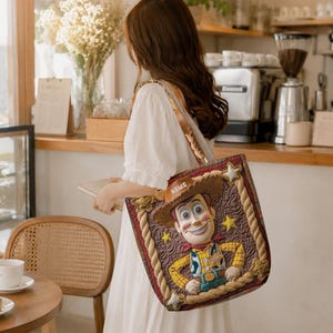 May include: A quilted tote bag featuring a three-dimensional applique of a cowboy character wearing a brown hat with the word NAME printed on the brim. The bag is framed by a rope-like border with yellow star accents against a brown background.