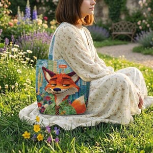 May include: A rectangular tote bag featuring a colorful graphic of a cartoon fox with orange fur, wearing a green patterned shirt and a striped tie. The background of the print shows a city skyline and flowers. The word Name is printed in a small orange box.