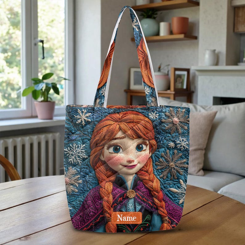 Anna Frozen Quilted Tote Bag, Disney Princess Shoulder Bag, Custom Name Winter Tote, Personalized Movie Fan Gift ID-0610-CYUE image 3